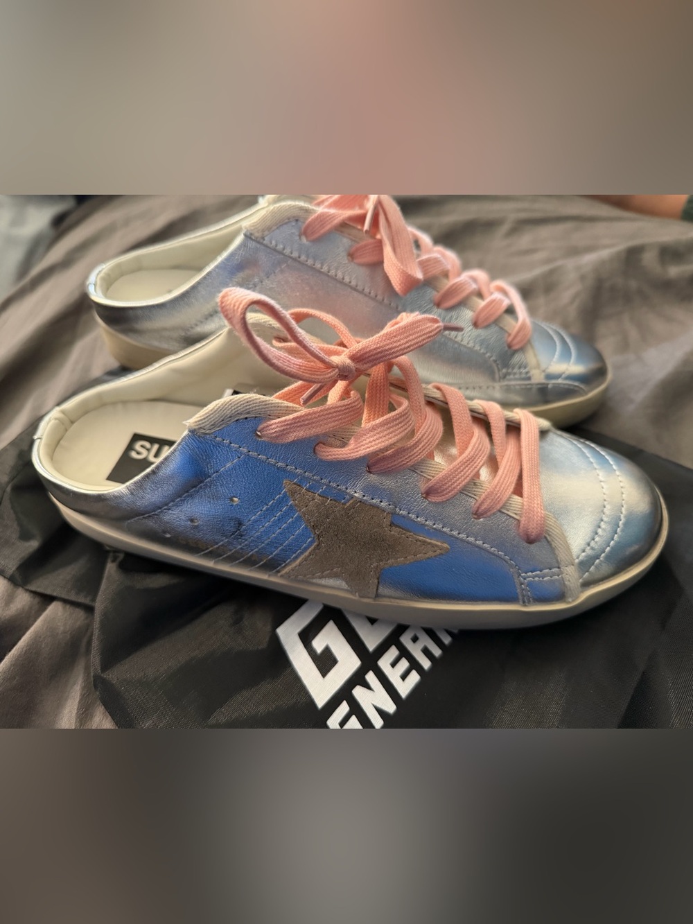 Fashion  Metallic silver golden lime  Sneakers with Pink Laces